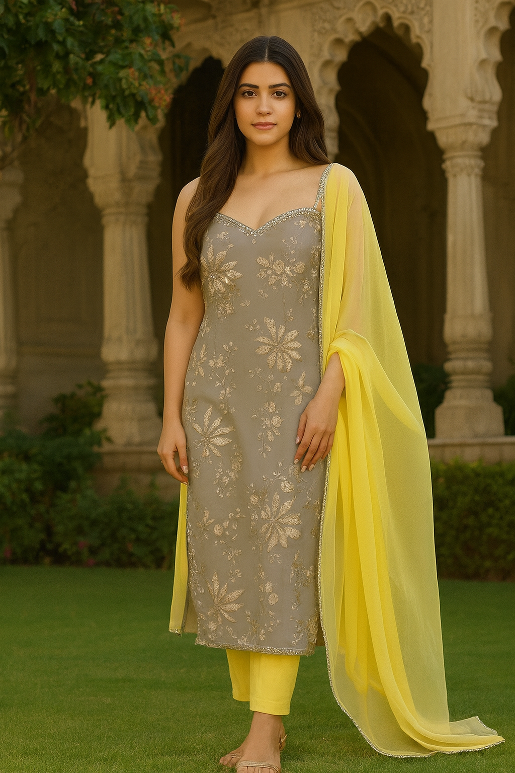 Silver Grey Kurta with Lemon Yellow Pants