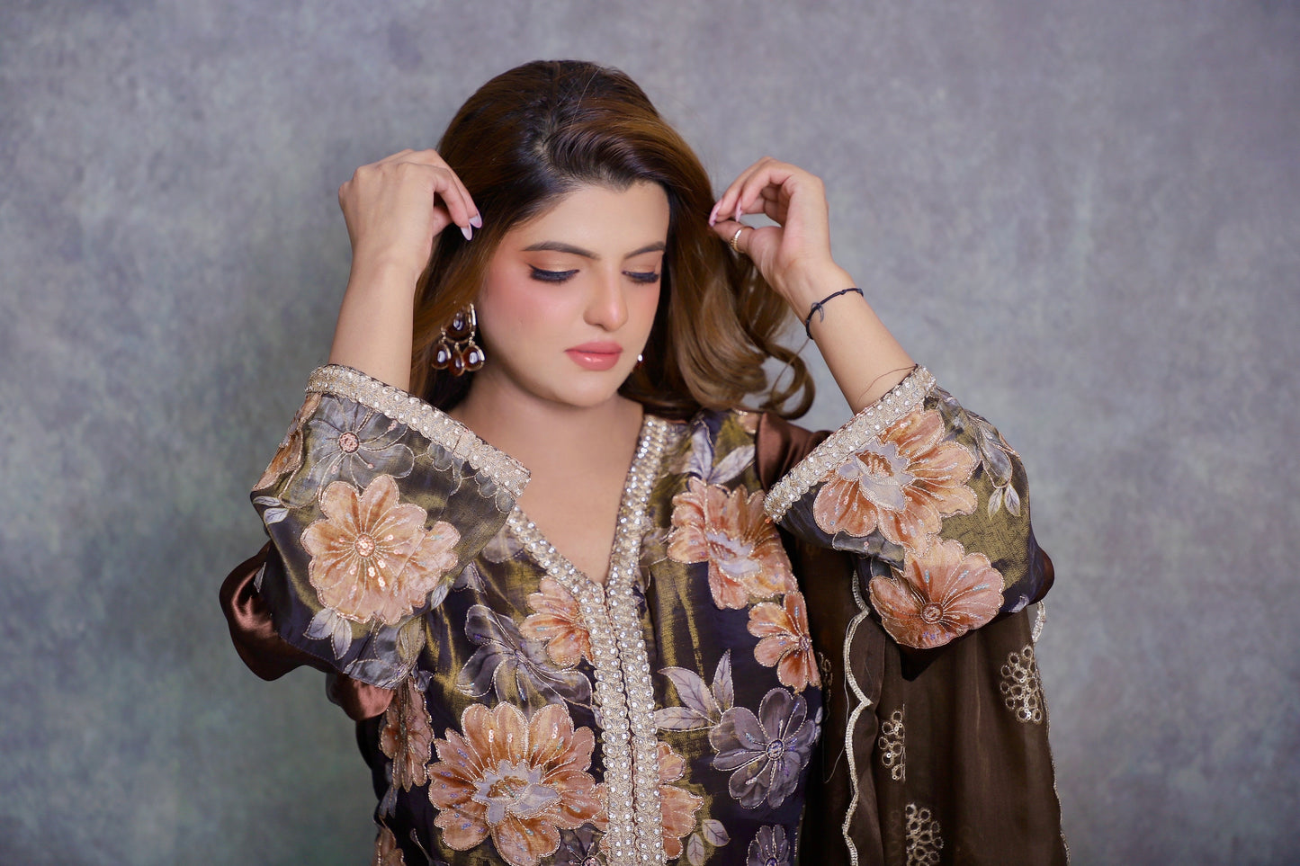 Mocha Bloom Embroidered Silk Set