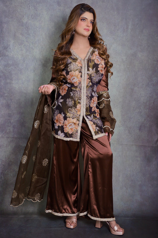 Mocha Bloom Embroidered Silk Set