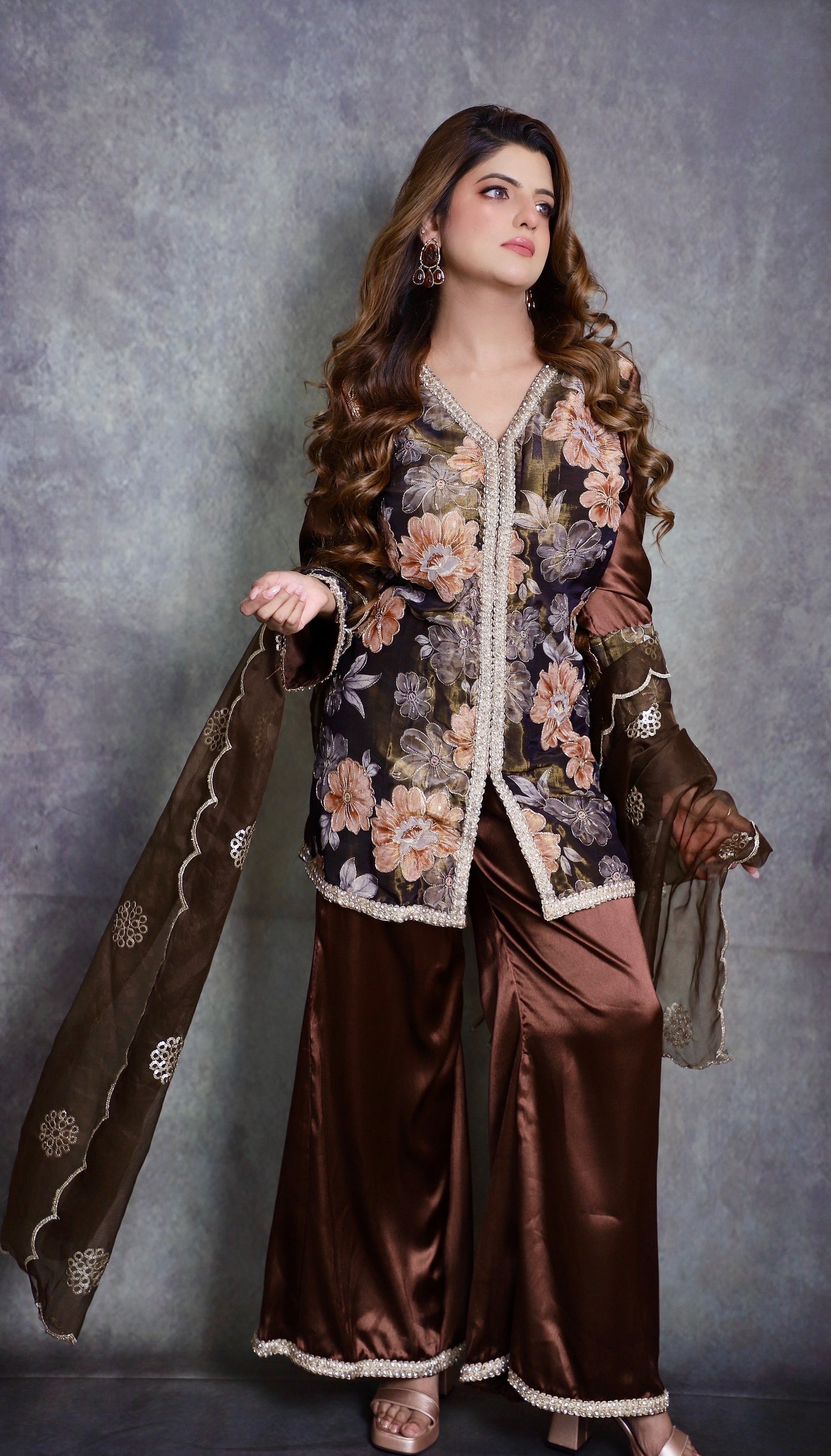 Mocha Bloom Embroidered Silk Set