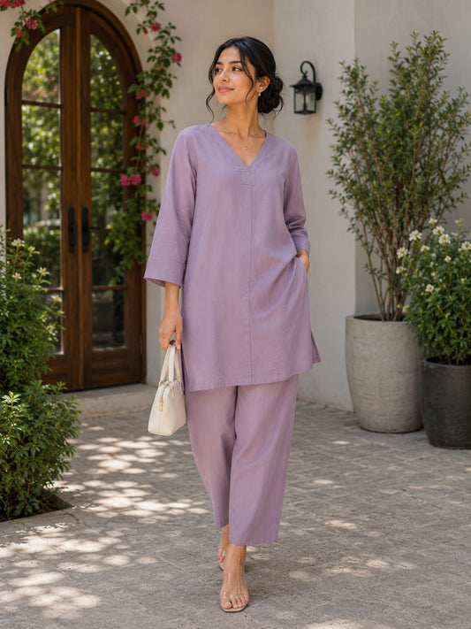 Lavender V-Neck Kurta Set