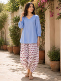 Sky Blue & Red Floral Print Cotton Set